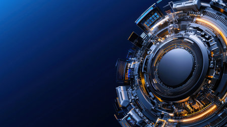 A blue background with a large circle in the middle. The circle is filled with buildings and lightsの素材