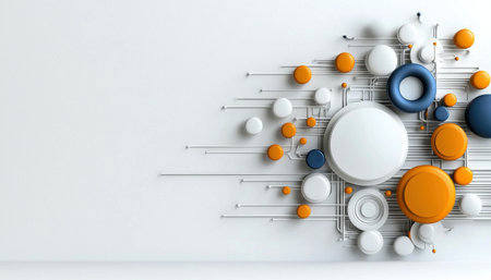 A white background with a lot of orange and blue circles. The circles are all different sizes and are scattered all over the background. The image has a futuristic and abstract feel to itの素材