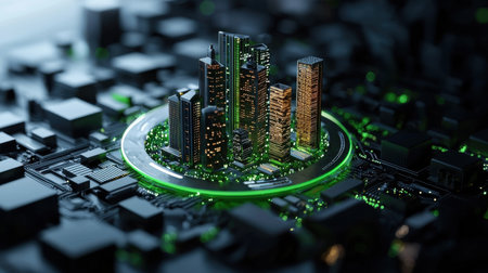 A city is shown in a green and black color scheme. The buildings are lit up with lights, giving the impression of a futuristic city. The city is surrounded by a green circleの素材