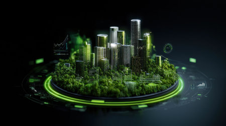 A city made of trees and buildings with a green background. The city is surrounded by a green circleの素材