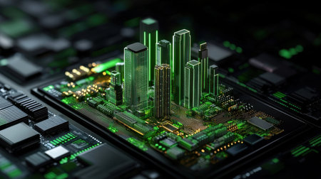 A computer chip with a city on it. The city is made up of many small squares. The city is lit up with a green glowの素材