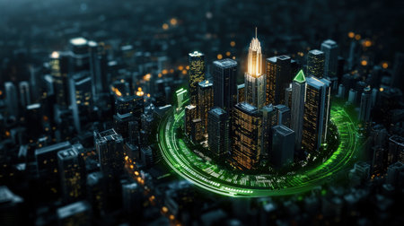 A cityscape with a green circle in the middle. The city is lit up at night. The circle is surrounded by buildings and carsの素材