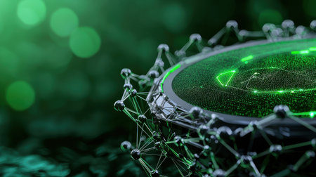 A green object with a lot of small dots on it. The dots are connected to each other in a web-like pattern. The object appears to be a piece of technology or a piece of artの素材