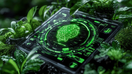 A green screen with a brain on it is surrounded by plants. The brain is glowing and he is a computer monitor. Concept of technology and nature coming together in harmonyの素材