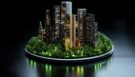 A city is shown in a round shape with a green forest surrounding it. The city is lit up with lights, giving it a lively and bustling atmosphere. The green forest adds a sense of tranquilityの素材