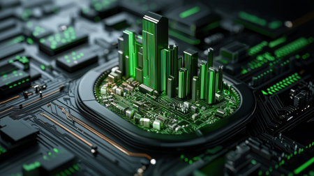 A city made of electronic components. The city is green and has a futuristic feel. The buildings are made of circuits and wires, and the streets are filled with traffic lightsの素材