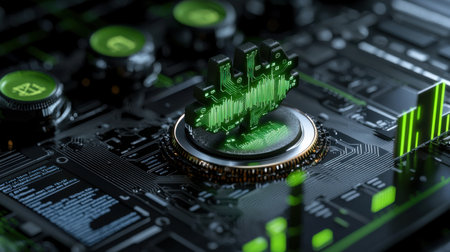 A green and black computer chip with a green leaf on top. The leaf is surrounded by green buttonsの素材