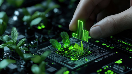 A hand is reaching out to touch a green plant on a computer screen. The plant is surrounded by a green background and he is glowing. Concept of curiosity and wonderの素材