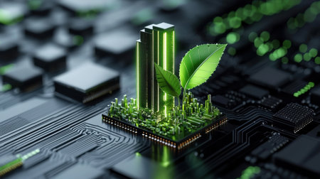 A computer chip with a green leaf on top of it. The leaf is surrounded by a cityscapeの素材
