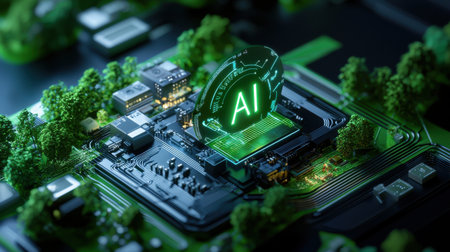 A computer chip with the letters AI on it. The image is green and has a futuristic feel to itの素材