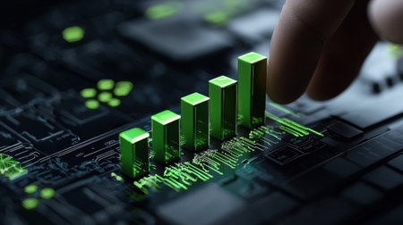 A hand is pointing at a green bar graph on a black background. The bars are green and the graph is on a computer screenの素材