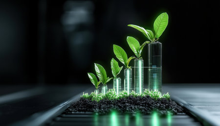 A series of plant stems are growing in a row, with each stem having a coin on top of it. The coins are arranged in a way that they appear to be growing along with the plantsの素材