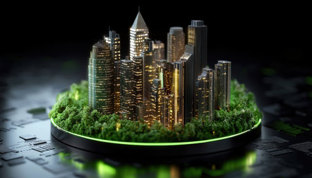 A city is shown in a green circle with a green forest surrounding it. The city is lit up at night, giving it a warm and inviting atmosphereの素材