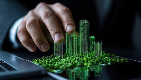 A hand is pointing at a green cityscape on a laptop screen. Concept of wonder and excitement as the viewer imagines exploring the virtual city. The green buildings and trees create a vibrantの素材