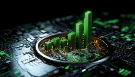 A green and black computer chip with a green and black line that looks like a graph. The graph is made up of green blocks that are stacked on top of each otherの素材