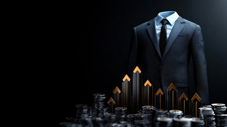 A man's suit is surrounded by a pile of coins and a series of upward arrows. Concept of wealth and success, as the man's suit and the coins represent financial prosperityの素材