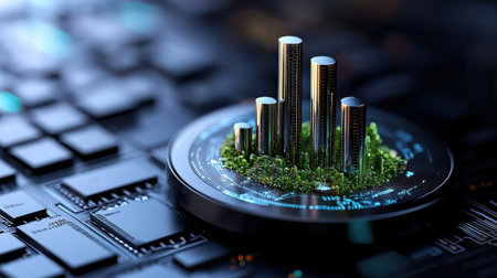 A computer chip with a green plant growing out of it. The plant is surrounded by a metal ring and is placed on top of a black background. Concept of innovation and technologyの素材