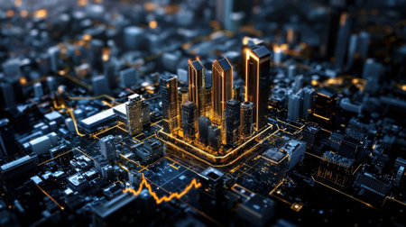 A cityscape with buildings and a glowing yellow line. The city is lit up and he is a futuristic cityの素材