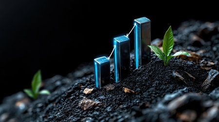 A plant is growing in a rocky area with three blue bars on the ground. The bars are arranged in a way that they look like a graph, with the tallest bar in the middle and the shortest one on the rightの素材