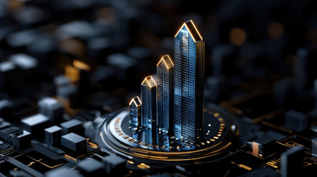 A cityscape with a glowing building in the center. The building is made up of three tall towers, each one slightly taller than the other. The cityscape is illuminated with a warm, inviting glowの素材