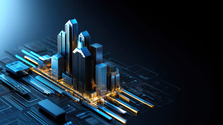 A cityscape is shown in a futuristic style, with tall buildings and a metallic look. The city appears to be a mix of old and new, with a blend of traditional and modern architectureの素材