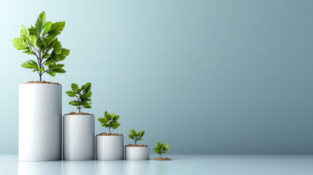A row of potted plants are lined up in a row, with the tallest plant in the middle and the shortest plant on the far right. The plants are all different sizesの素材