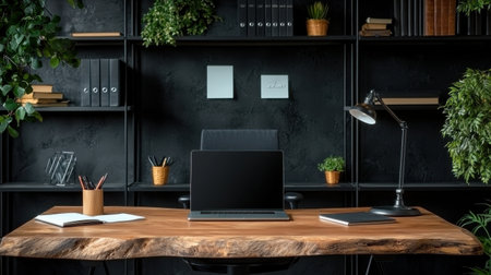 A desk with a laptop, a computer mouse, a keyboard, a cell phone, a pen, a notebook, and a lampの素材