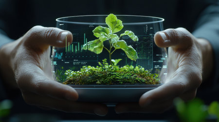 A hand holding a plant in a glass container. The plant is surrounded by a digital display of graphs and numbers. Concept of innovation and technology, as well as the importance of natureの素材