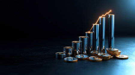 A stack of coins and a silver cylinder with a flame on top. The coins are arranged in a pyramid shape, with the top coin being the largest. The cylinder is positioned in the middle of the coinsの素材