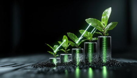 A series of plant growths are shown in a glass container, with each plant growing taller than the one before it. The plants are arranged in a way that suggests a progression or growthの素材