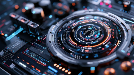 A computer monitor with a colorful, abstract design. The design is made up of many different colors and shapes, and it is a part of a larger circuit board. Scene is one of technology and innovationの素材