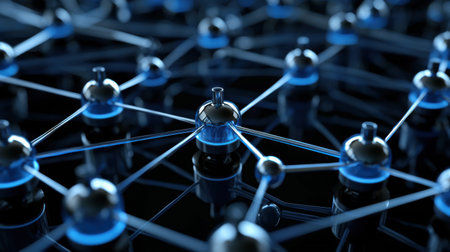 A close up of a network of blue spheres. The spheres are connected by wires and are all different sizes. Concept of complexity and interconnectednessの素材