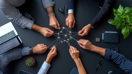 A group of people are holding hands in a circle, with a laptop and a potted plant in the background. Concept of collaboration and teamwork, as the people are working together to create somethingの素材