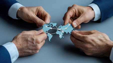 Two men are holding a puzzle piece that has the word "world" on it. The puzzle piece is connected to the hands of the men, symbolizing the idea of unity and collaborationの素材