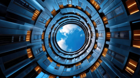 A blue and orange spiral with a blue sky in the background. The spiral is surrounded by many windows, giving the impression of a large, open spaceの素材