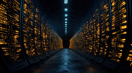 A long tunnel with many computer servers. The servers are lit up in yellow. The tunnel is dark and the servers are glowingの素材