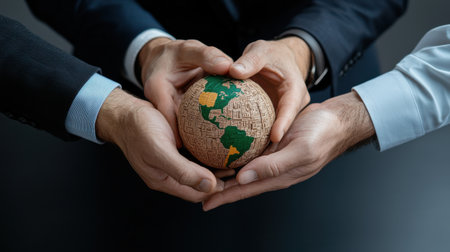Three men are holding a globe in their hands. The globe is made of wood and has a green and brown color scheme. The men are wearing suits and appear to be in a professional settingの素材