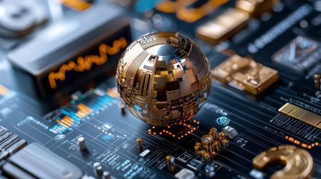 A gold colored sphere is sitting on a black circuit board. The sphere is surrounded by a variety of electronic components, including wires and small electronic devicesの素材