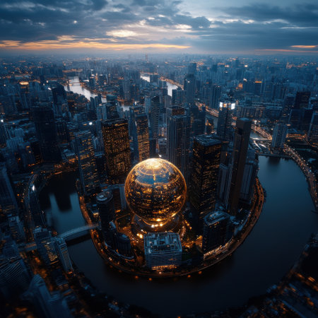 A city with a large golden sphere in the middle. The sphere is surrounded by tall buildings and a river. The sky is dark and cloudy, giving the image a moody and mysterious feelの素材