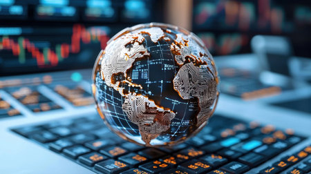 A globe with a computer chip on it is on a keyboard. The globe is surrounded by a lot of numbers and symbols, which suggests that it is a financial or stock market chartの素材