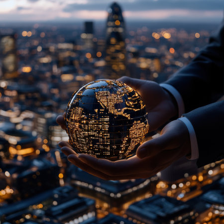 A person is holding a globe in their hand, with the city lights in the background. Concept of wonder and curiosity about the world, as well as the beauty of the city at nightの素材