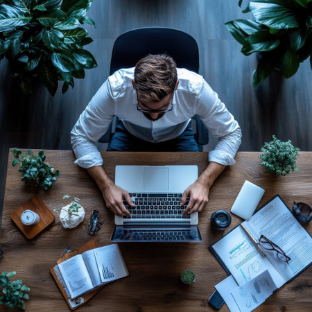 A man is sitting at a desk with a laptop and a few plants. He is typing on the laptop and he is focused on his work. The desk is cluttered with various items such as a cup, a cell phoneの素材