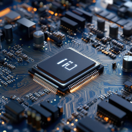 A computer chip with the letters I and J on it. The chip is surrounded by a blue backgroundの素材