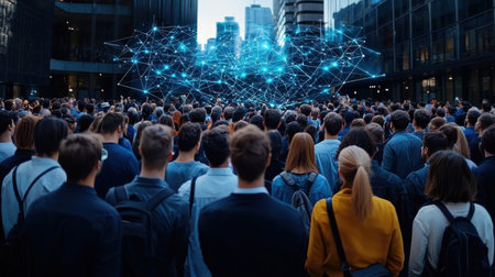 A crowd of people are standing in a city square, with a large screen displaying a network of lines and dots. Concept of unity and connection among the peopleの素材