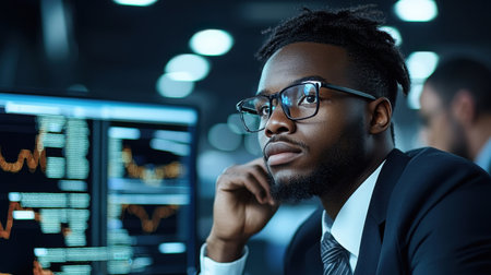 A man wearing glasses and a suit is looking at a computer screen with multiple monitors. He is focused and attentive, possibly working on a project or analyzing dataの素材