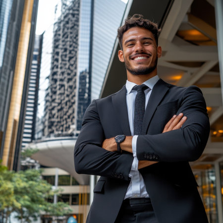 A man in a suit and tie is smiling and standing in front of a tall building. He is wearing a watch and has his arms crossed. Concept of confidence and professionalismの素材