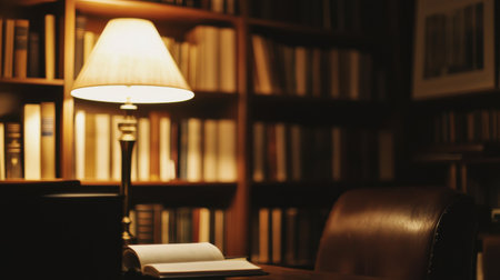 A desk with a lamp and a book on it. The lamp is turned on and the book is open. The room is dimly lit, giving it a cozy and intimate atmosphereの素材