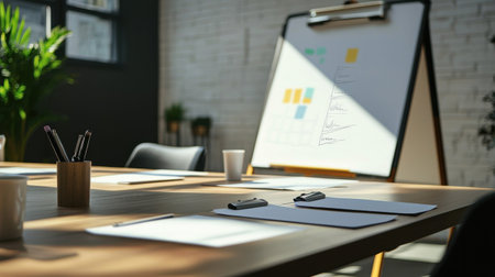 A white board with a calendar and a few pens on a table. The room is well lit and has a professional atmosphereの素材
