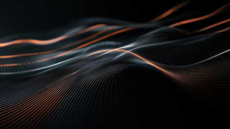 A black and orange wave pattern with a lot of dots. The image is abstract and has a futuristic feel to itの素材