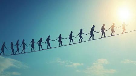 A group of people are walking on a tightrope. Concept of teamwork and unity, as the people are all working together to cross the rope. The blue sky in the background adds to the feeling of freedomの素材